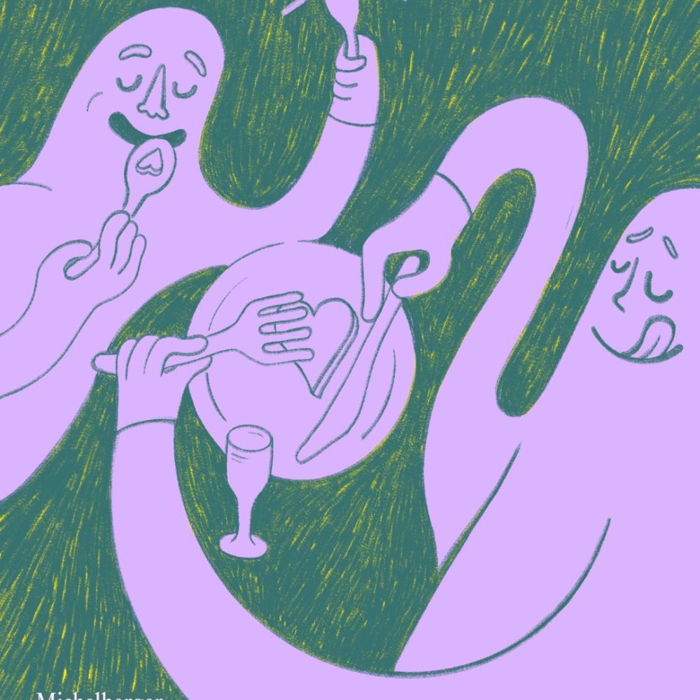 comic persons sharing a love menu with sparkling wine